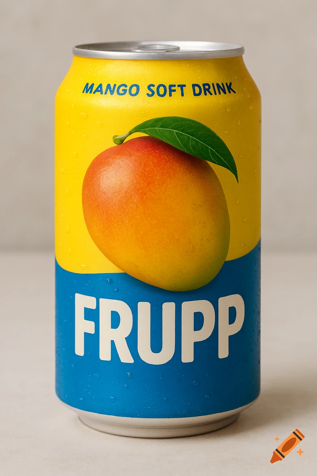 A close-up photograph of a yellow and blue soda can labeled "Frupp Mango Soft Drink" with a mango and leaf on the label.