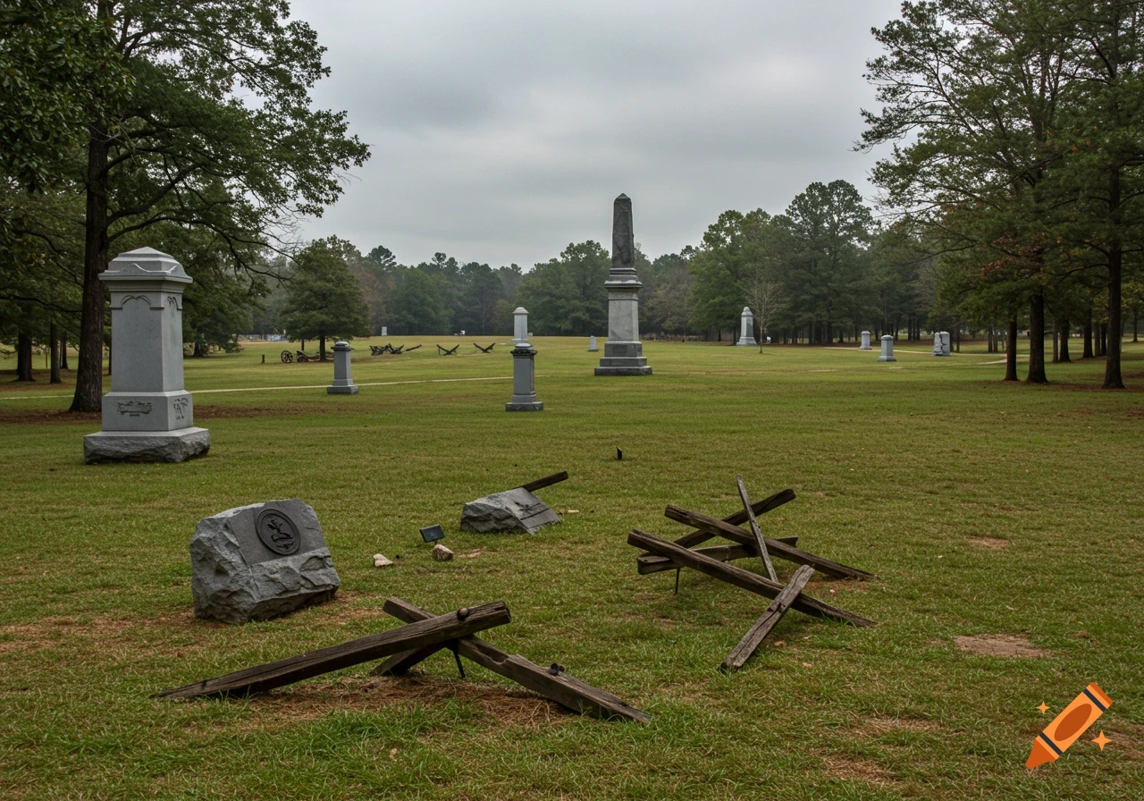 A grassy field with various stone monuments and broken wooden structures under a cloudy sky.
