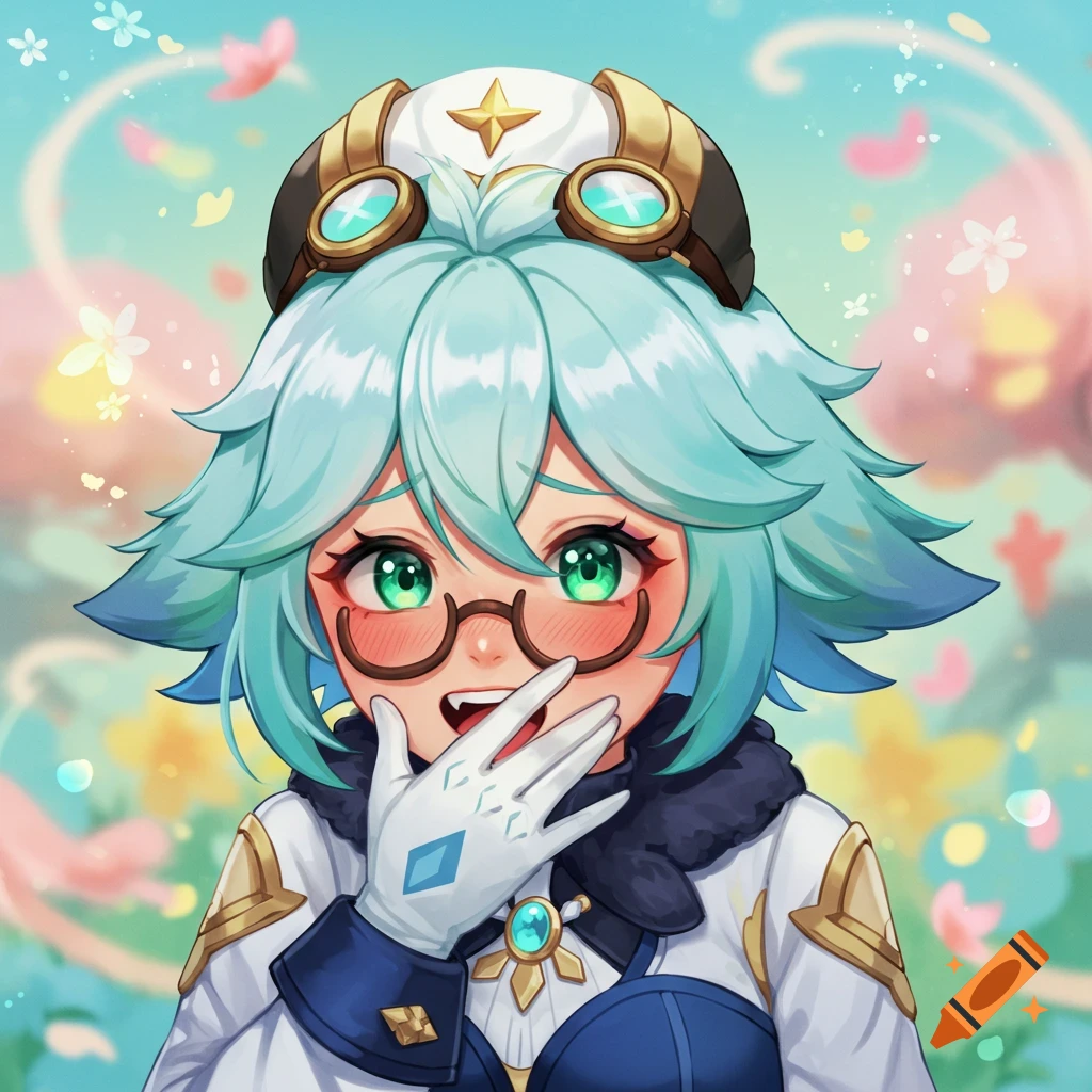 Anime portrait of Genshin Impact character Sucrose smiling, holding a gloved hand near her mouth.