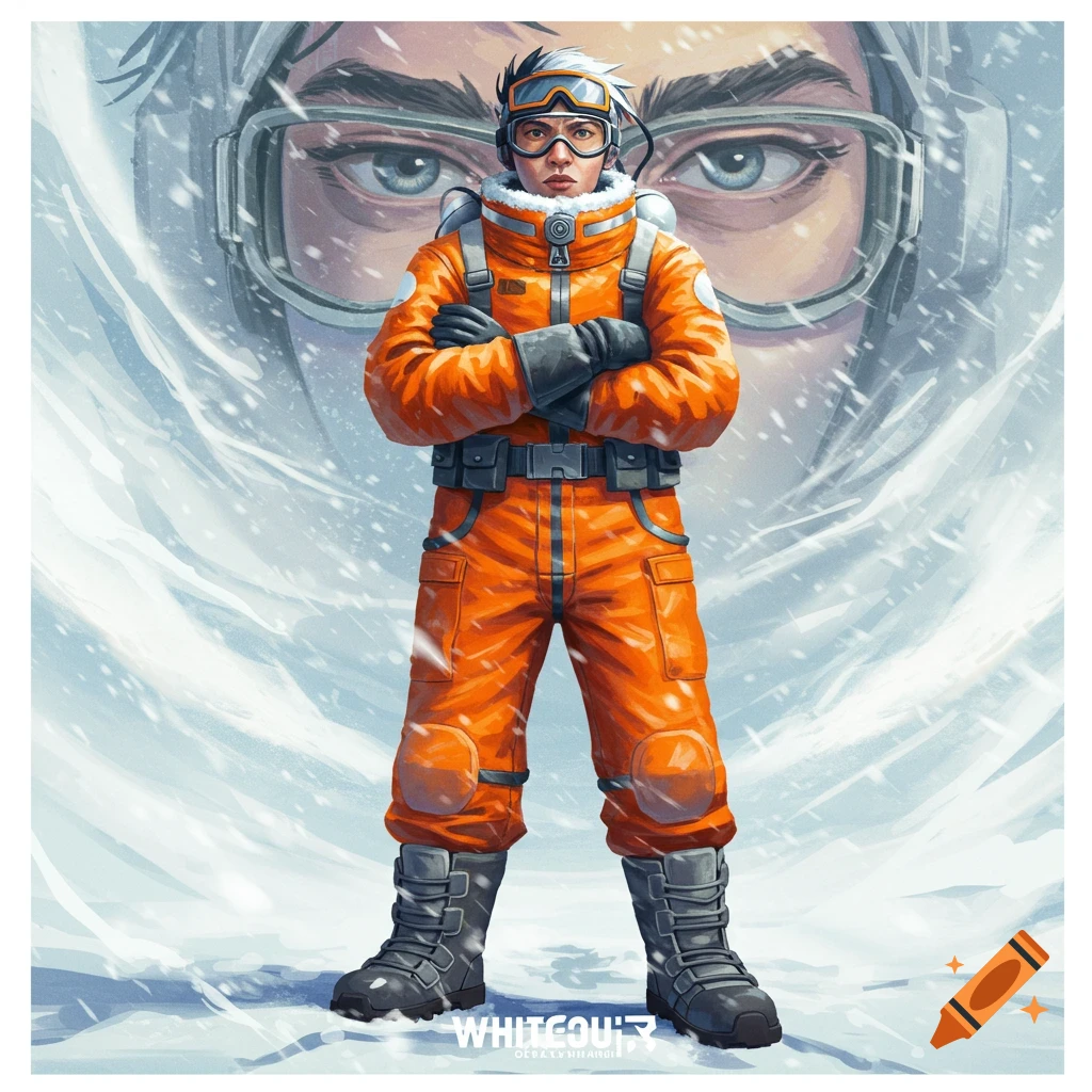 Illustration of a person in orange survival gear standing in a snowy environment with a large face in the background.