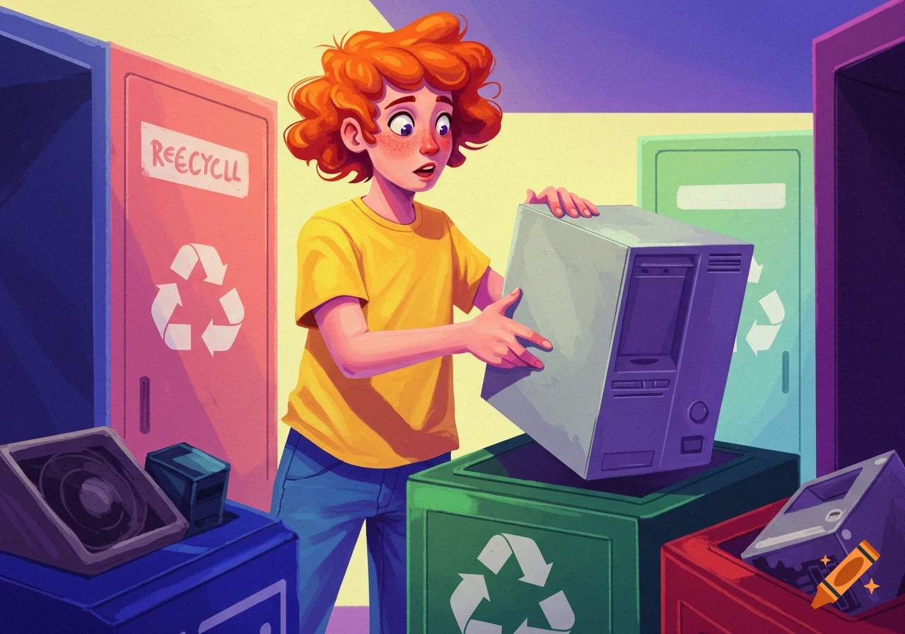 Illustration of a person recycling a computer into colored bins.