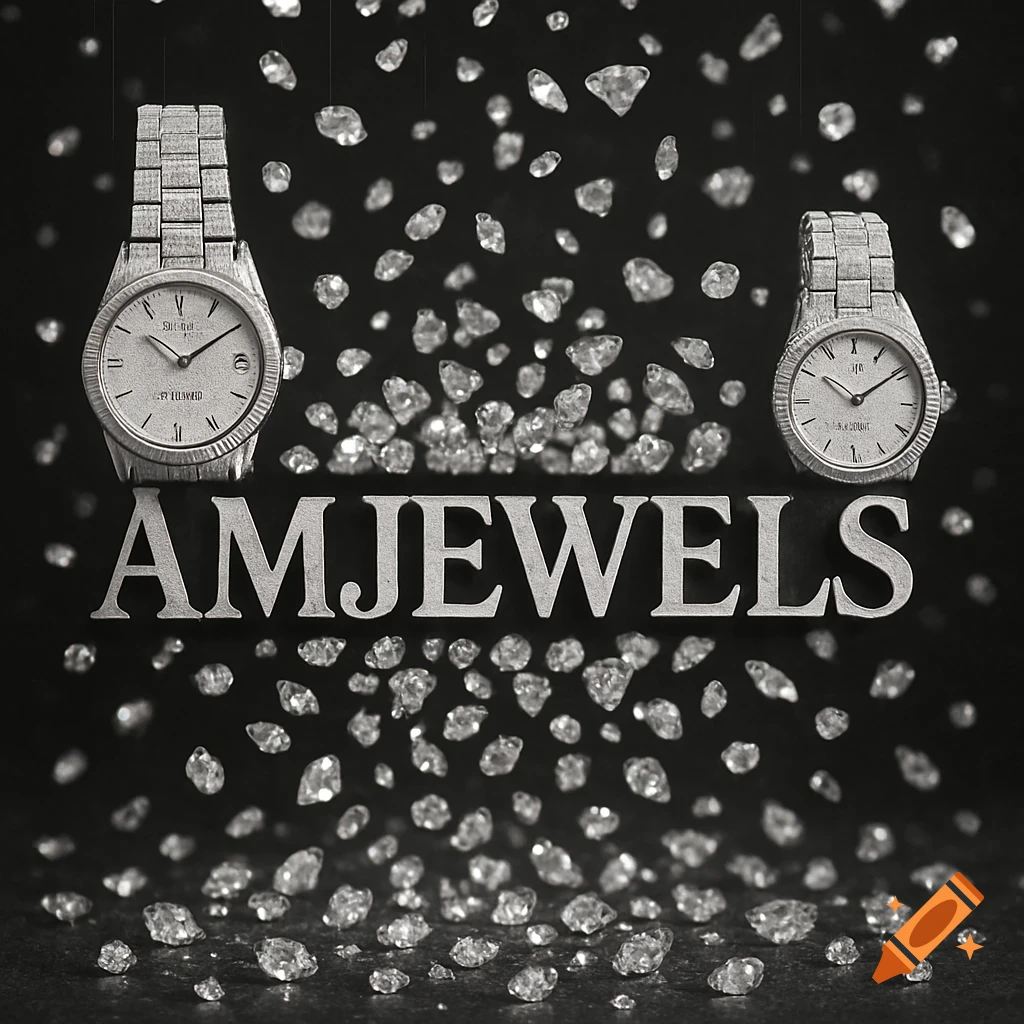 Two watches hang among raining diamonds with the text AMJEWELS below, photorealistic.