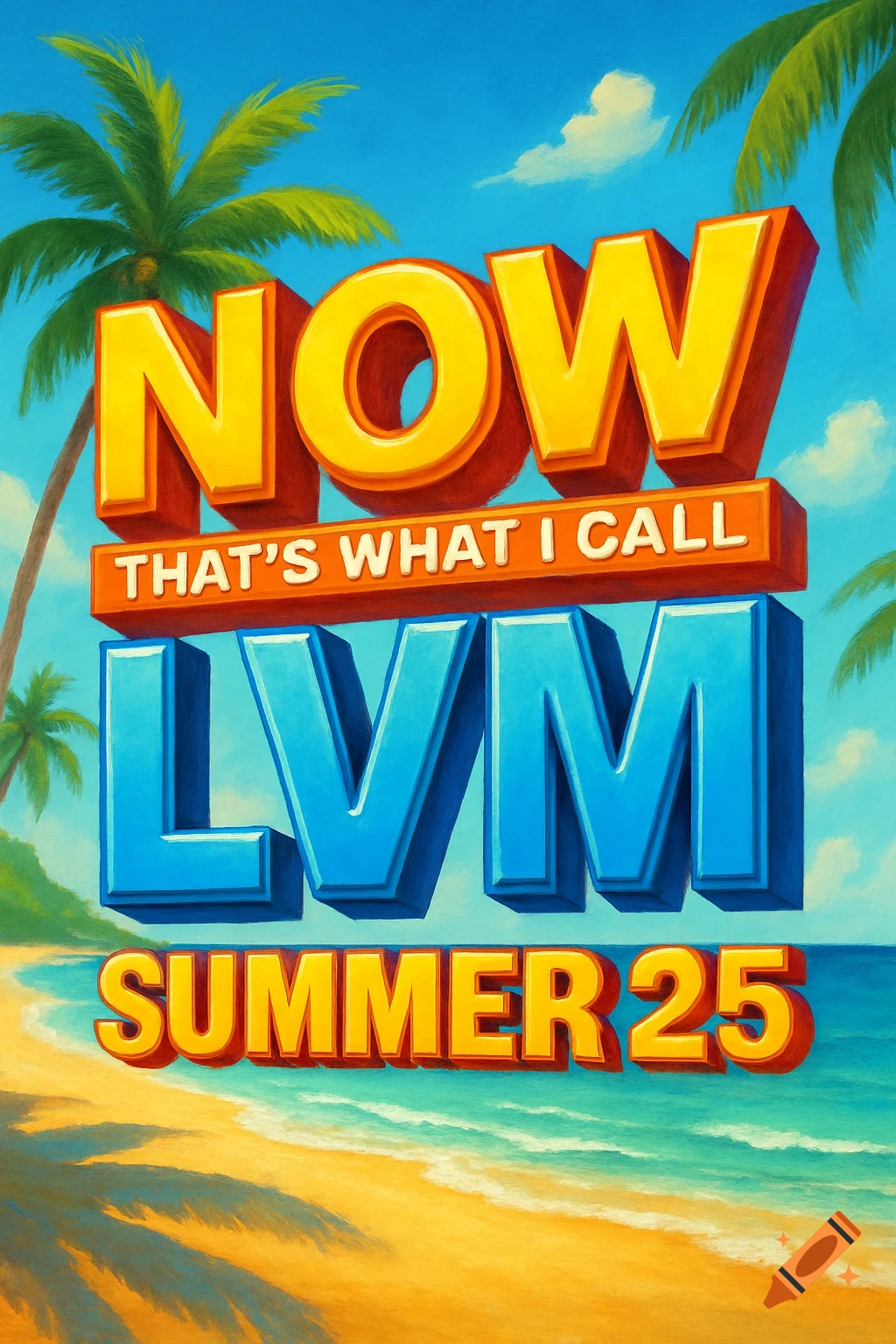 Album cover art with large text 'NOW THAT'S WHAT I CALL LVM SUMMER 25' over a beach scene.