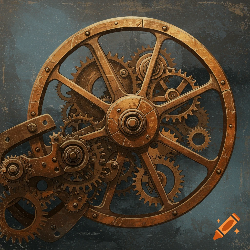 Retro illustration of intricate gears and cogs.