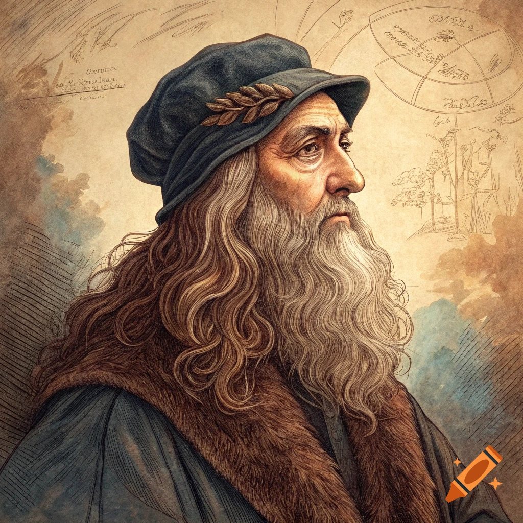 Portrait in old sketch style resembling Leonardo da Vinci with background drawings.