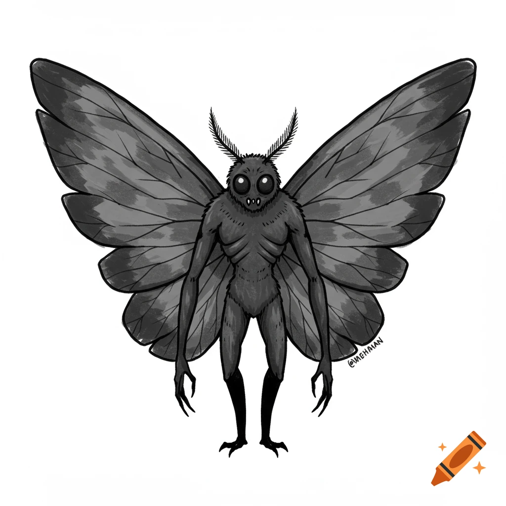 A black and white drawing of Mothman standing with large wings spread.