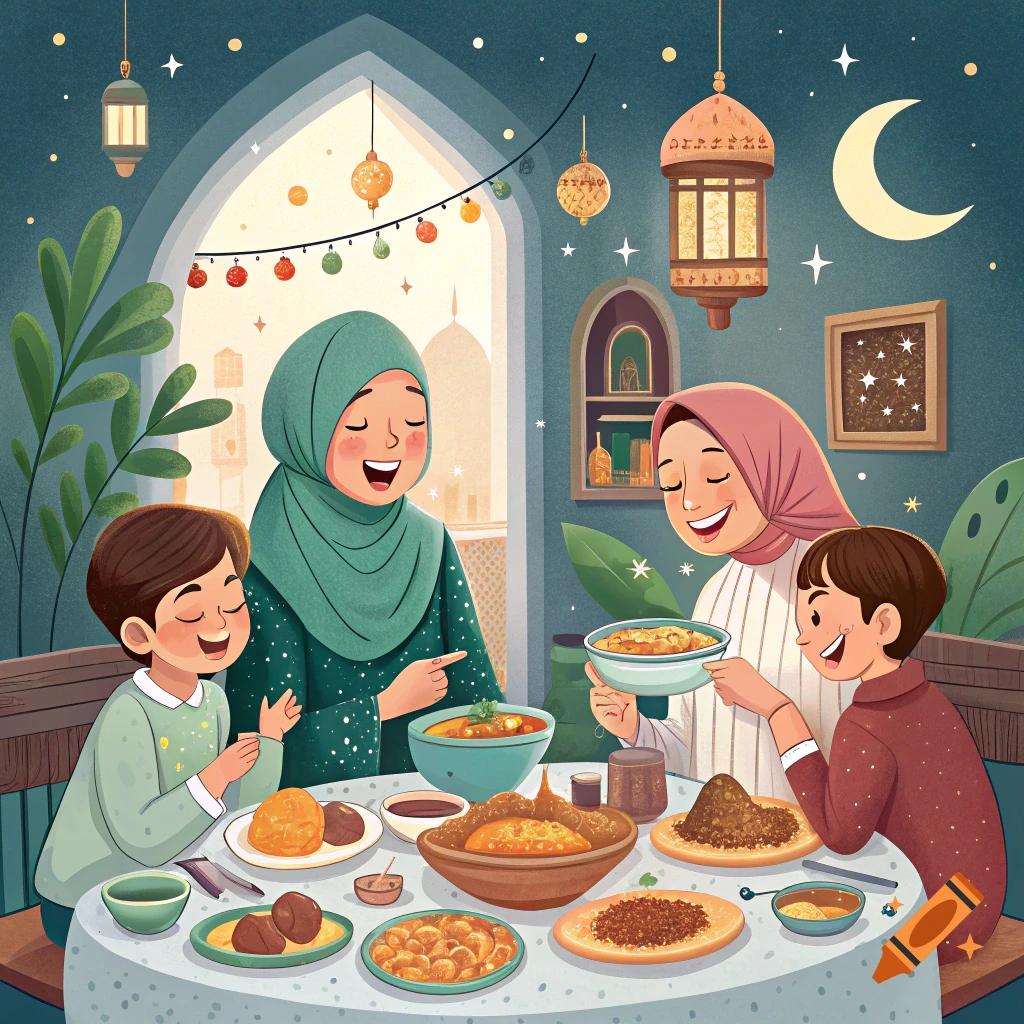 A family eats together at a table decorated for Ramadan, with lanterns and lights hanging above. Illustration style.