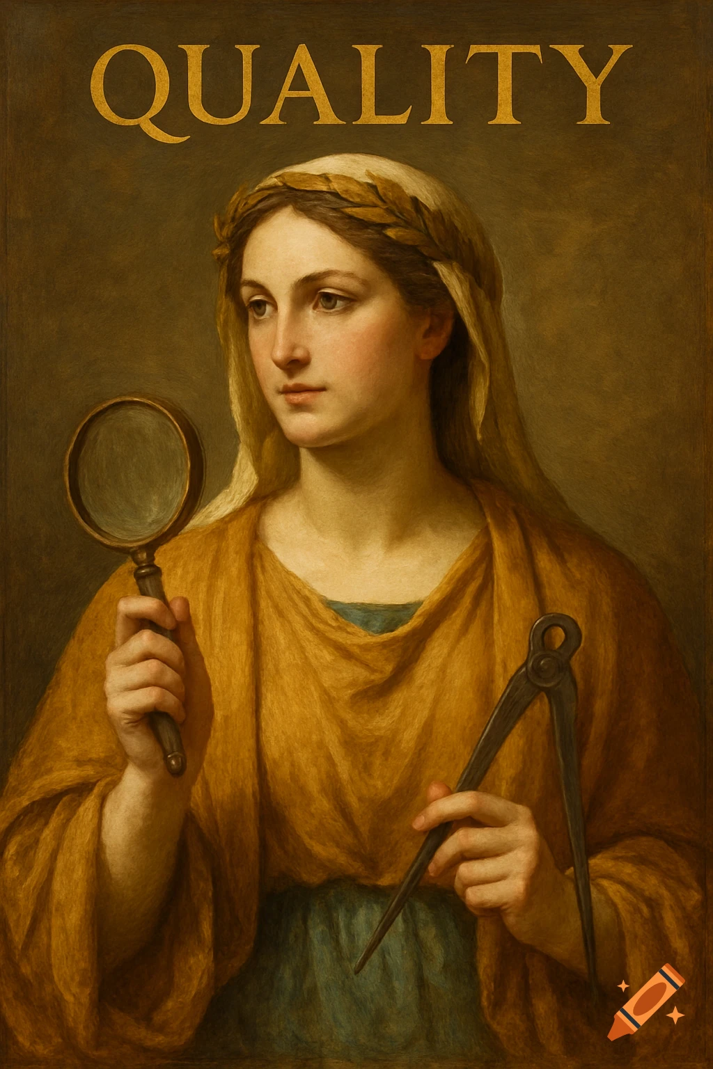 A classical painting of a woman with a laurel wreath holding a magnifying glass and compass. The word "QUALITY" is above her.