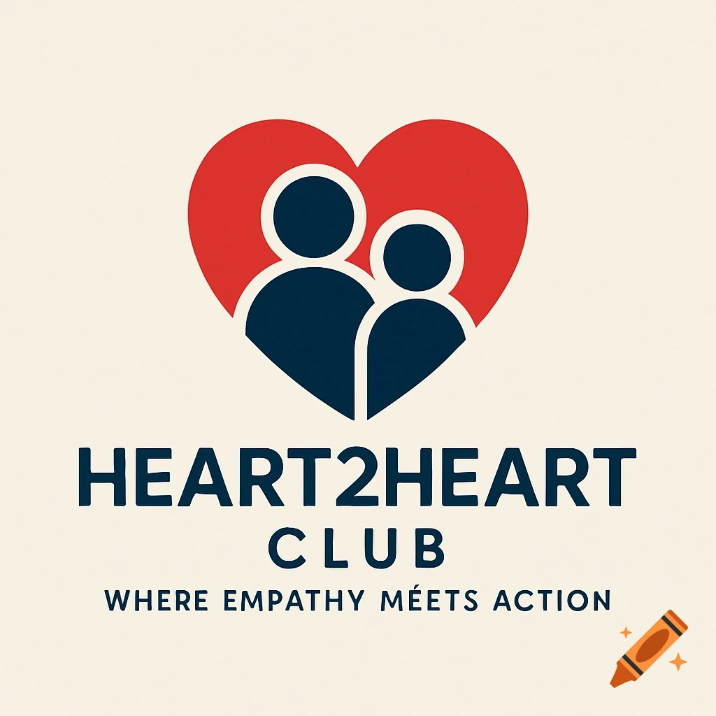 A logo with a red heart containing two dark blue figures, above the text "HEART2HEART CLUB WHERE EMPATHY MEETS ACTION".