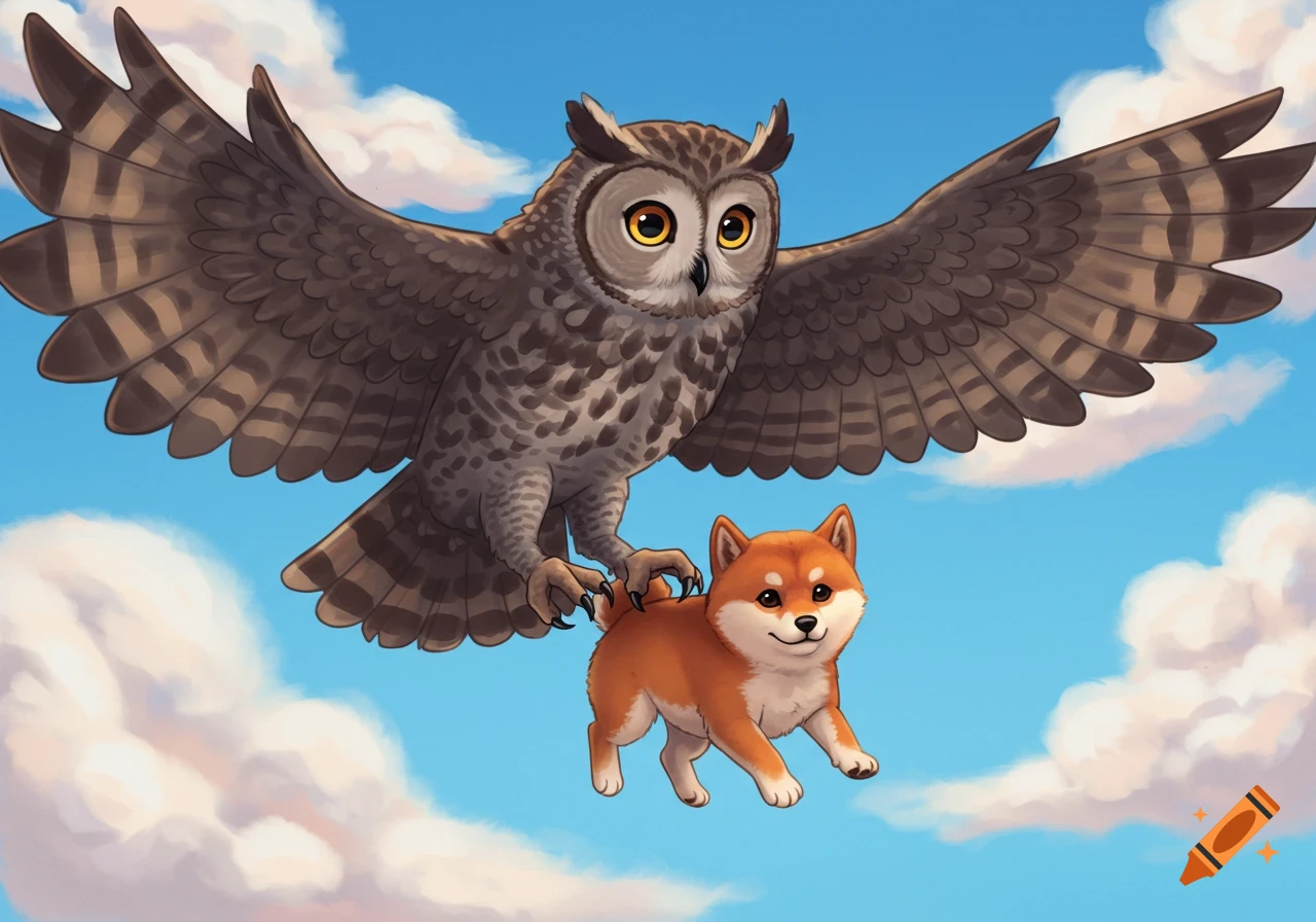 A cartoon illustration of a large owl flying through a cloudy blue sky while carrying a small shiba-inu dog in its talons.