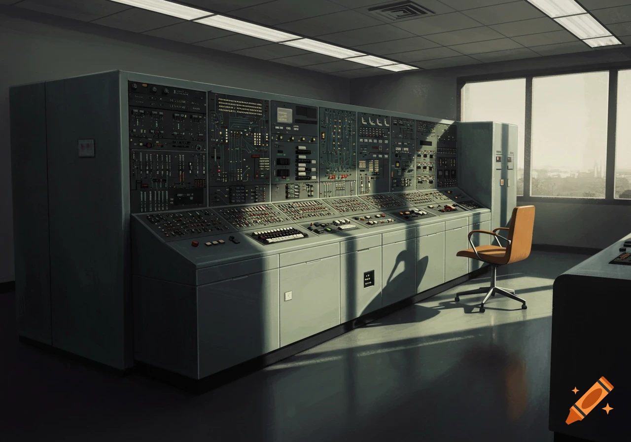 A large vintage computer console in a room with sunlight streaming in.