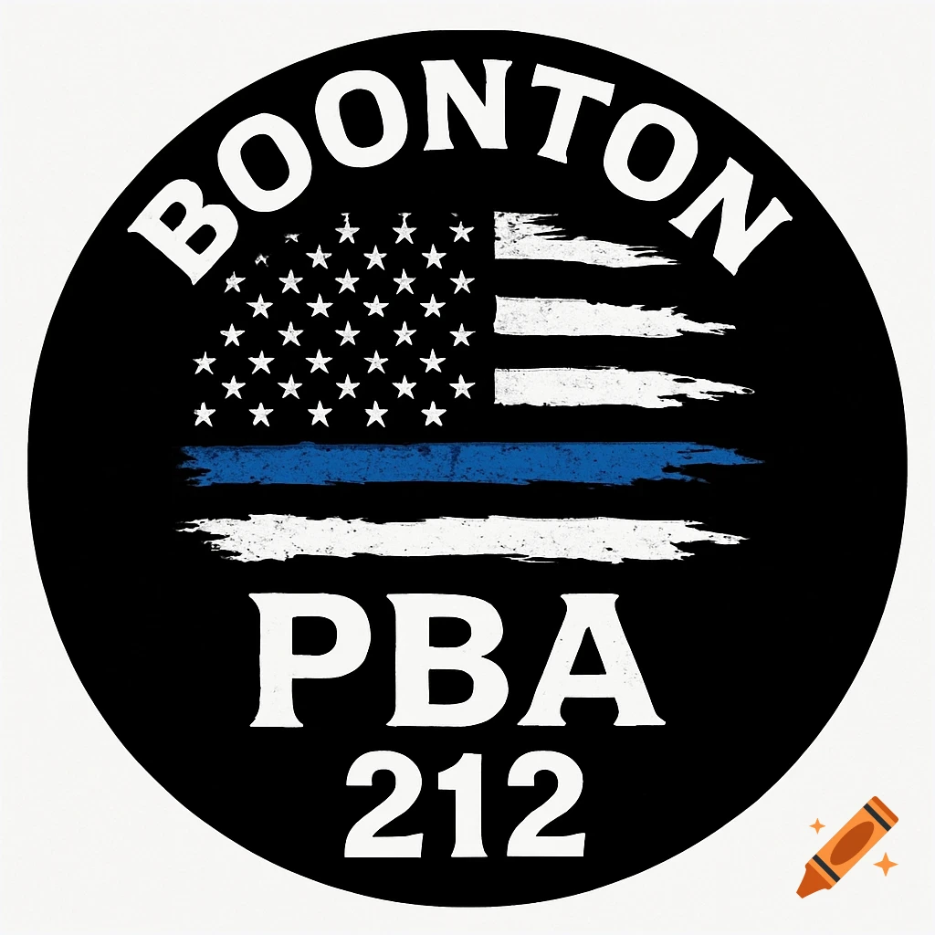 A black circular logo with white text "BOONTON PBA 212" and a distressed blue line American flag in the center.