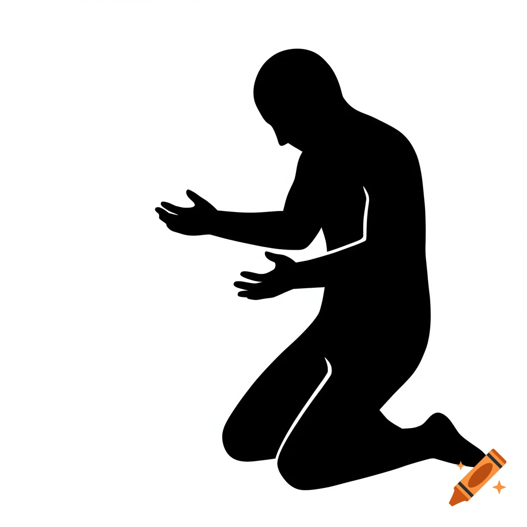Black silhouette of a person kneeling with hands outstretched.