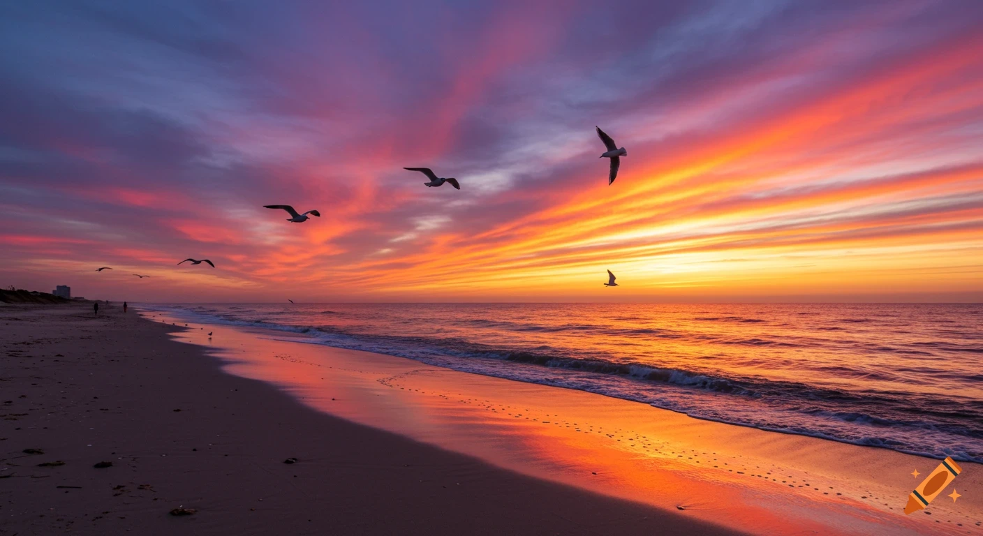 Beach sunrise with seagulls flying over the ocean and beach.