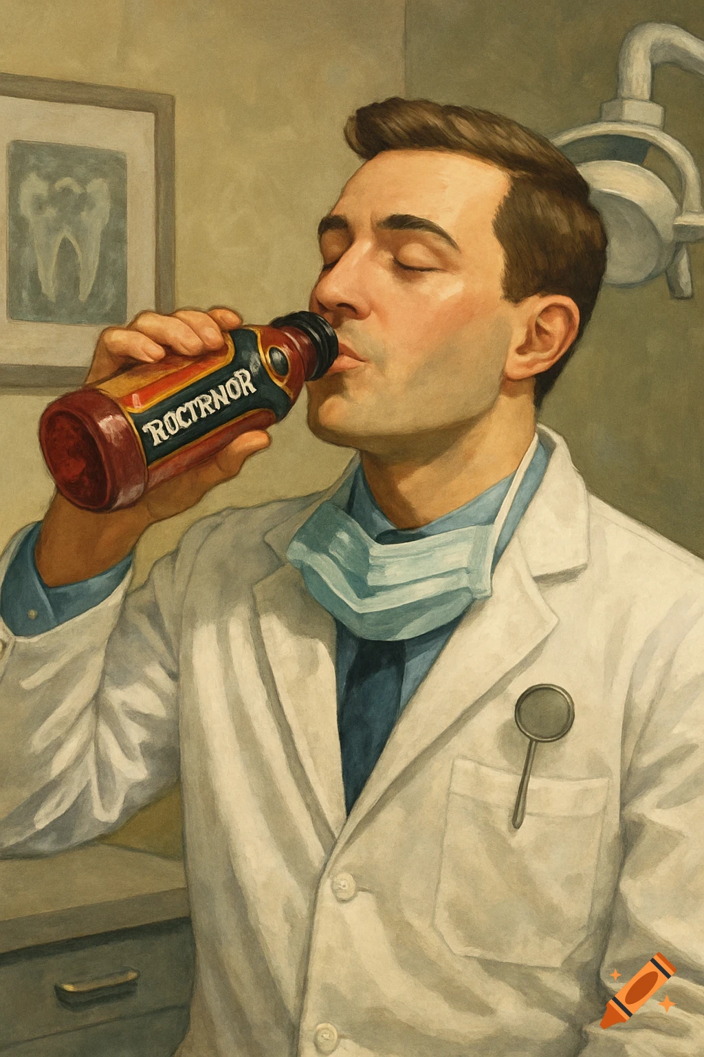 A dentist in a white coat drinks from a bottle in an office, illustration style.