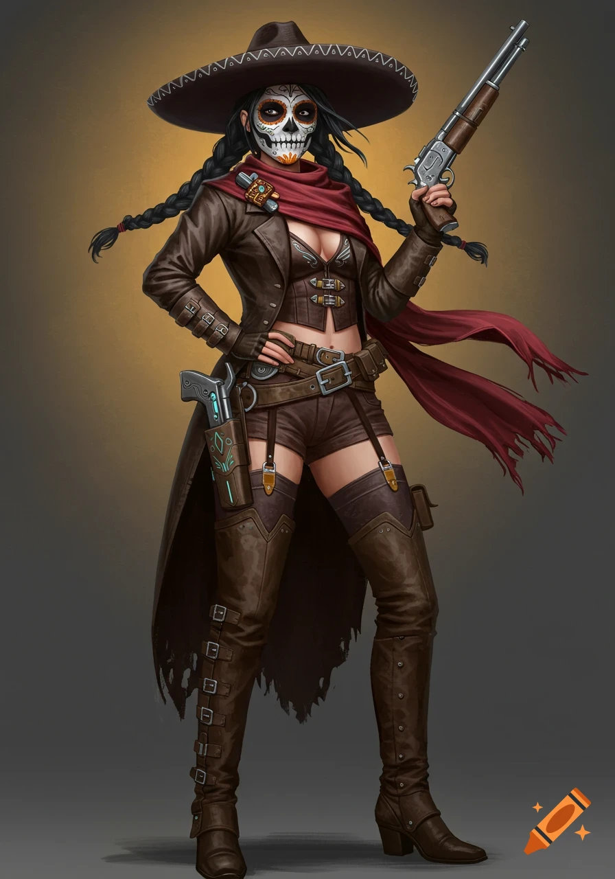 Concept art of a female scifi western character with sugar skull face paint, wearing a sombrero, leather jacket, shorts, and boots, holding a rifle.