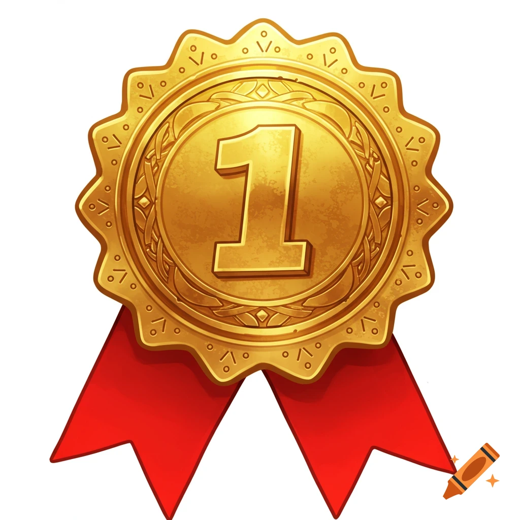 A gold medal with the number 1 in the center, attached to a red ribbon.