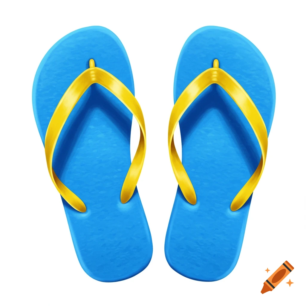 A pair of blue flip-flops with yellow straps.