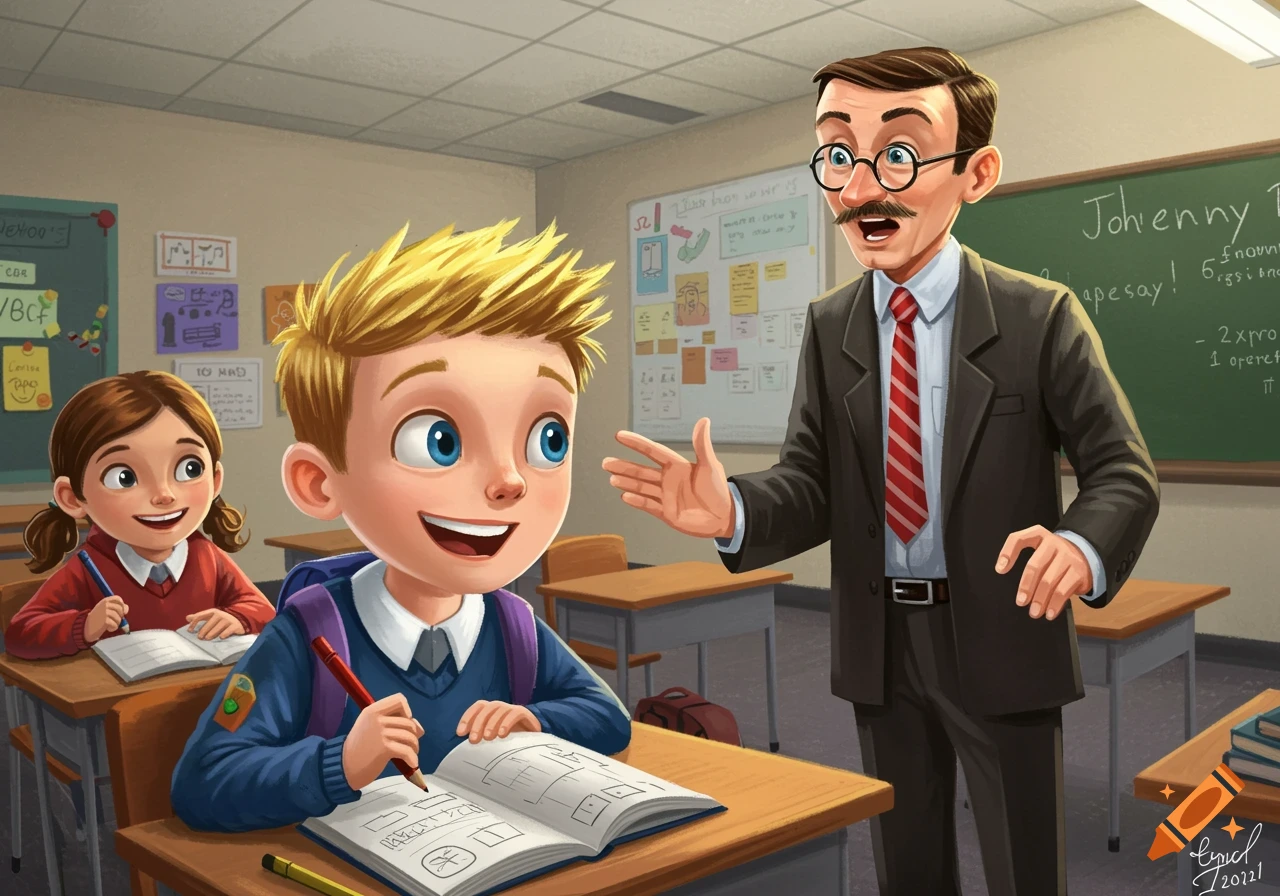Cartoon illustration of a teacher talking to students writing in books in a classroom.
