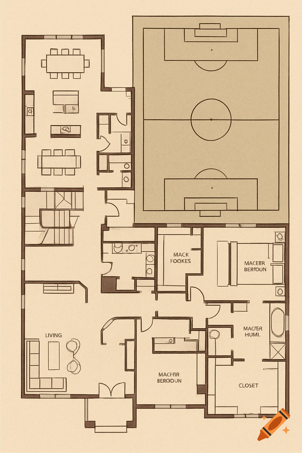 A floor plan of a mansion featuring a living area, bedrooms, and an attached soccer field.