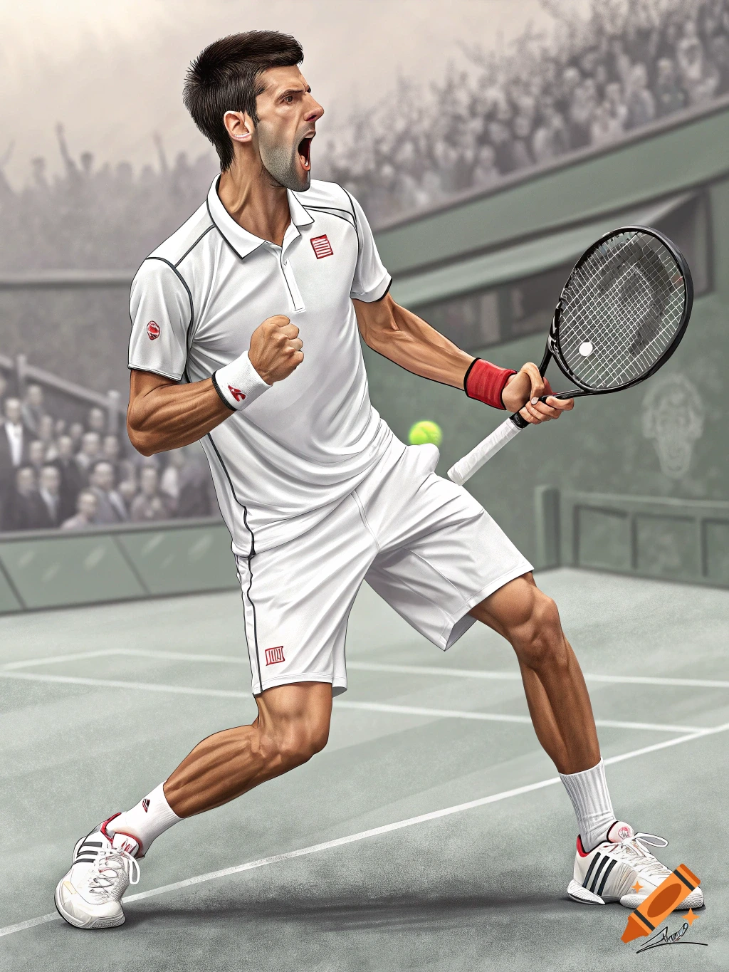 Caricature illustration of Novak Djokovic on a tennis court, celebrating with a fist pump.