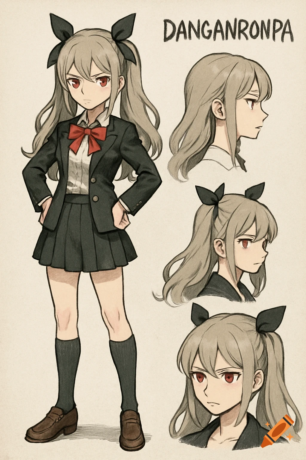Anime character sheet of a girl in a school uniform with multiple views