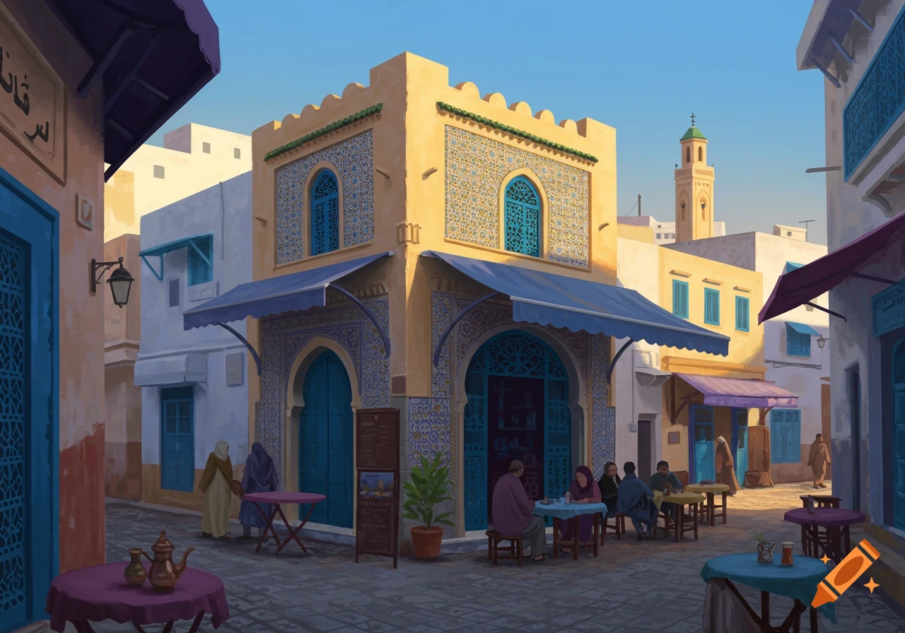 A painterly view of a street cafe with arched doorways and tiled facades in a North African town. People sit at tables.