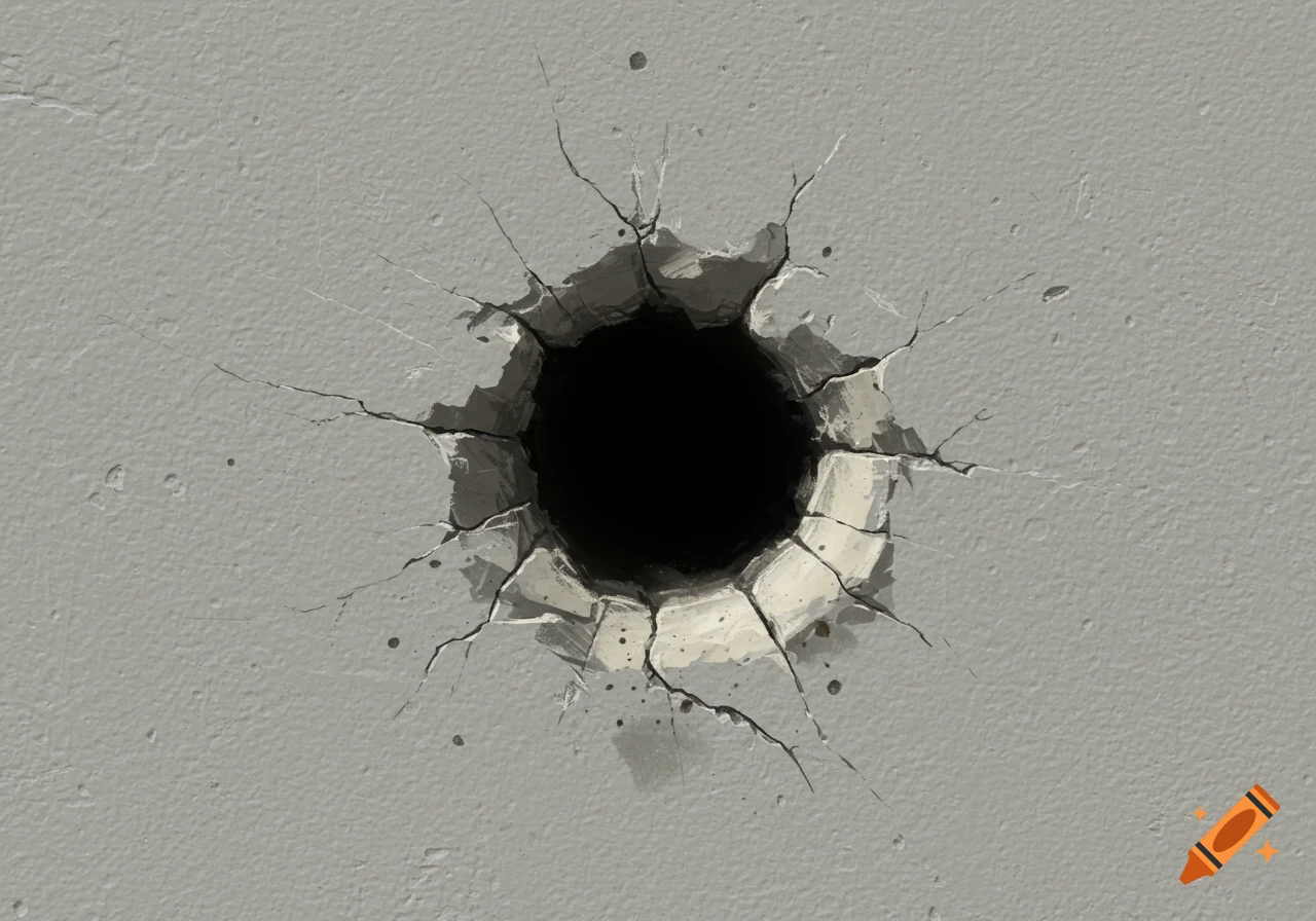 Bullet hole in a gray wall with cracks.