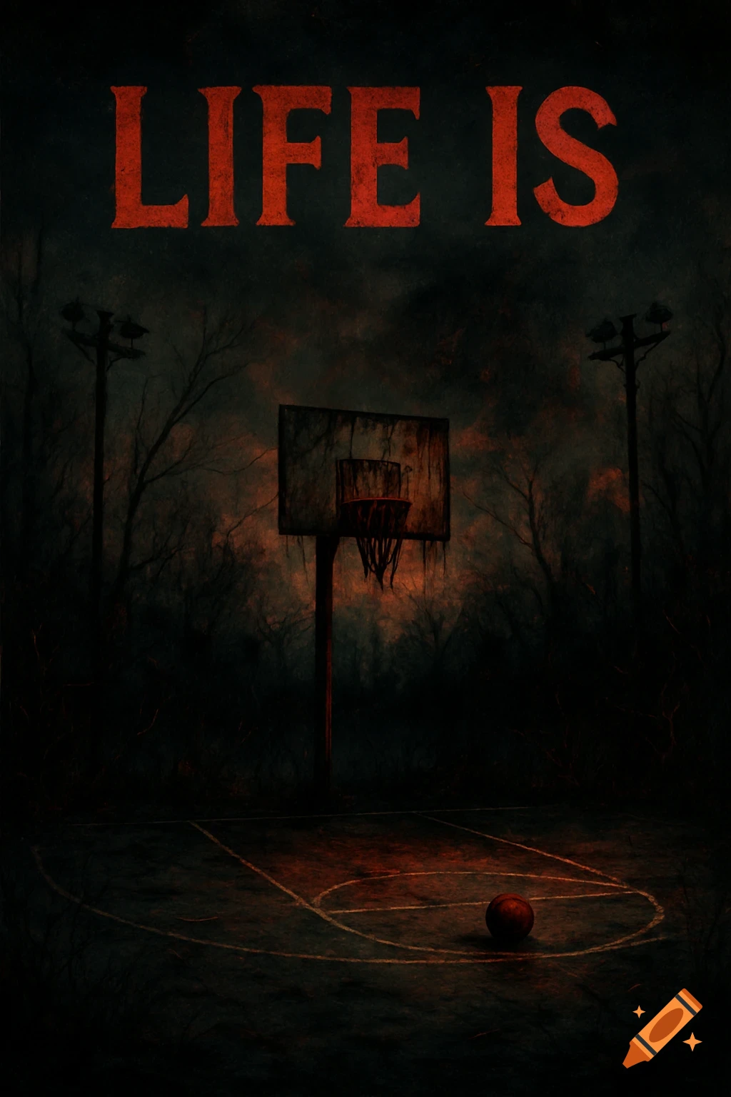 A dark, horror-style image of an abandoned basketball court with the words 'LIFE IS' above.