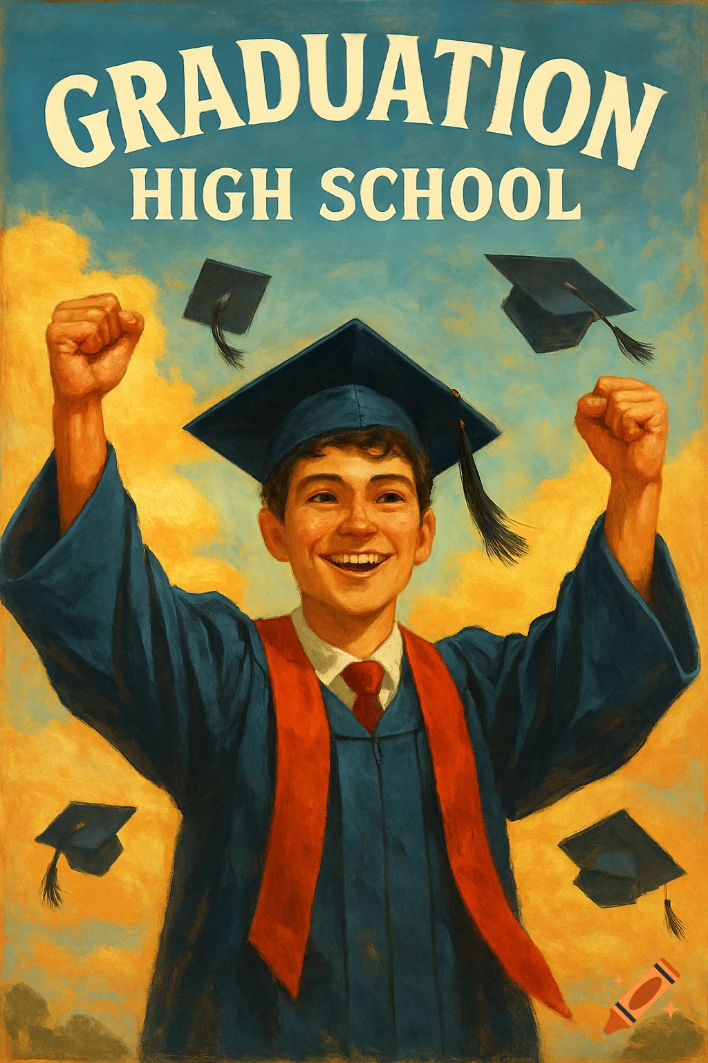 A smiling high school graduate in cap and gown celebrates as caps fly, with 'GRADUATION HIGH SCHOOL' text.