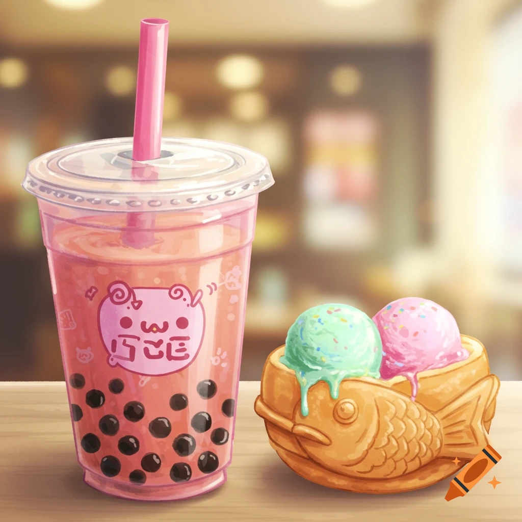 Cute illustration of bubble tea and taiyaki with two scoops of ice cream.