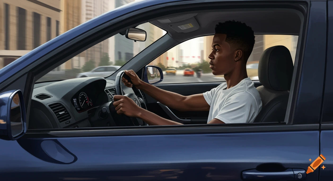 A young Black man drives a blue car in a city street scene, illustration style.