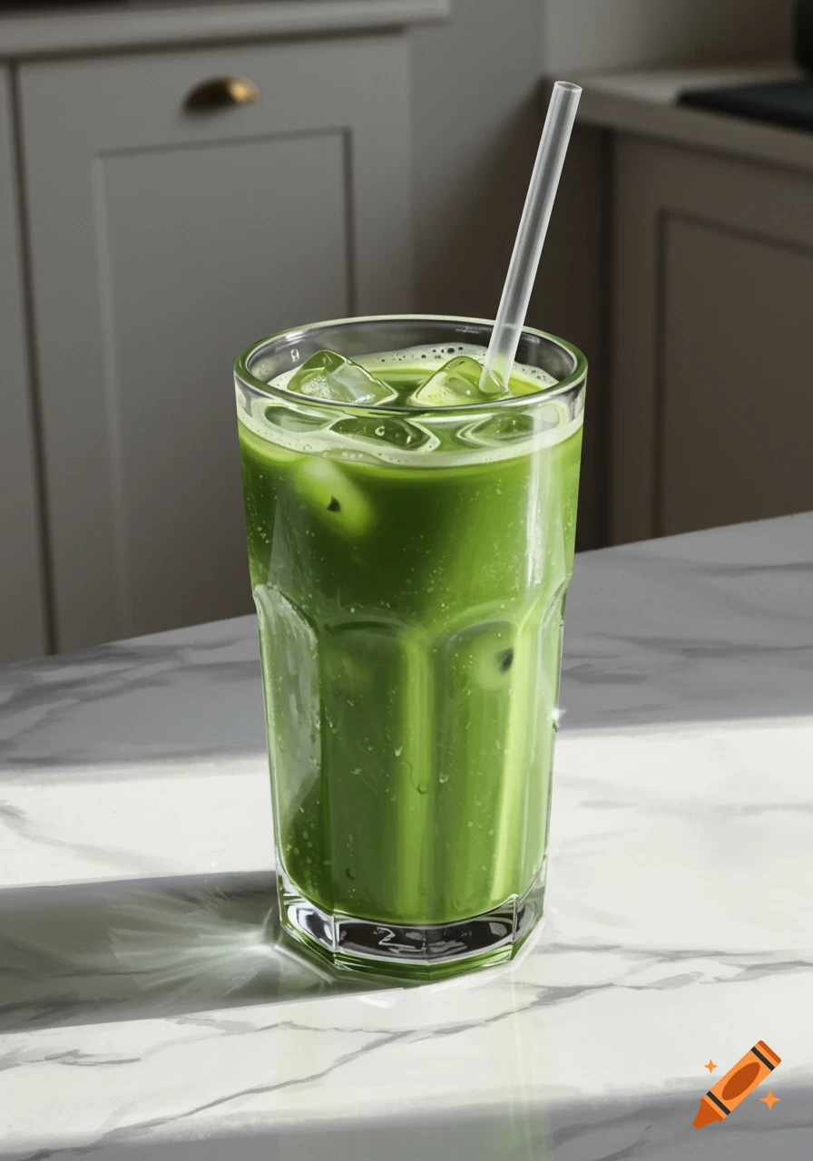 A tall glass of iced matcha with a straw sits on a marble countertop.