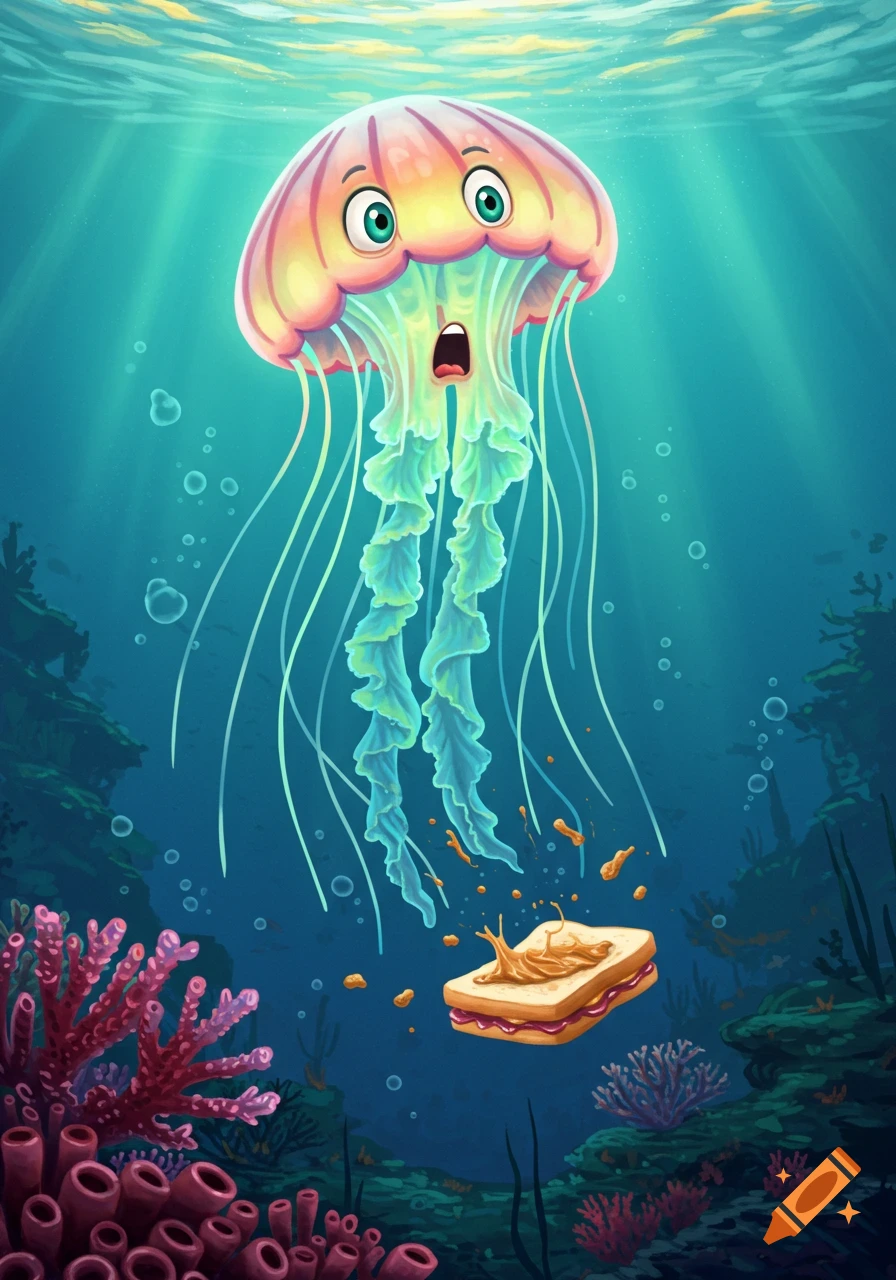 Cartoon jellyfish underwater dropping a peanut butter and jelly sandwich.