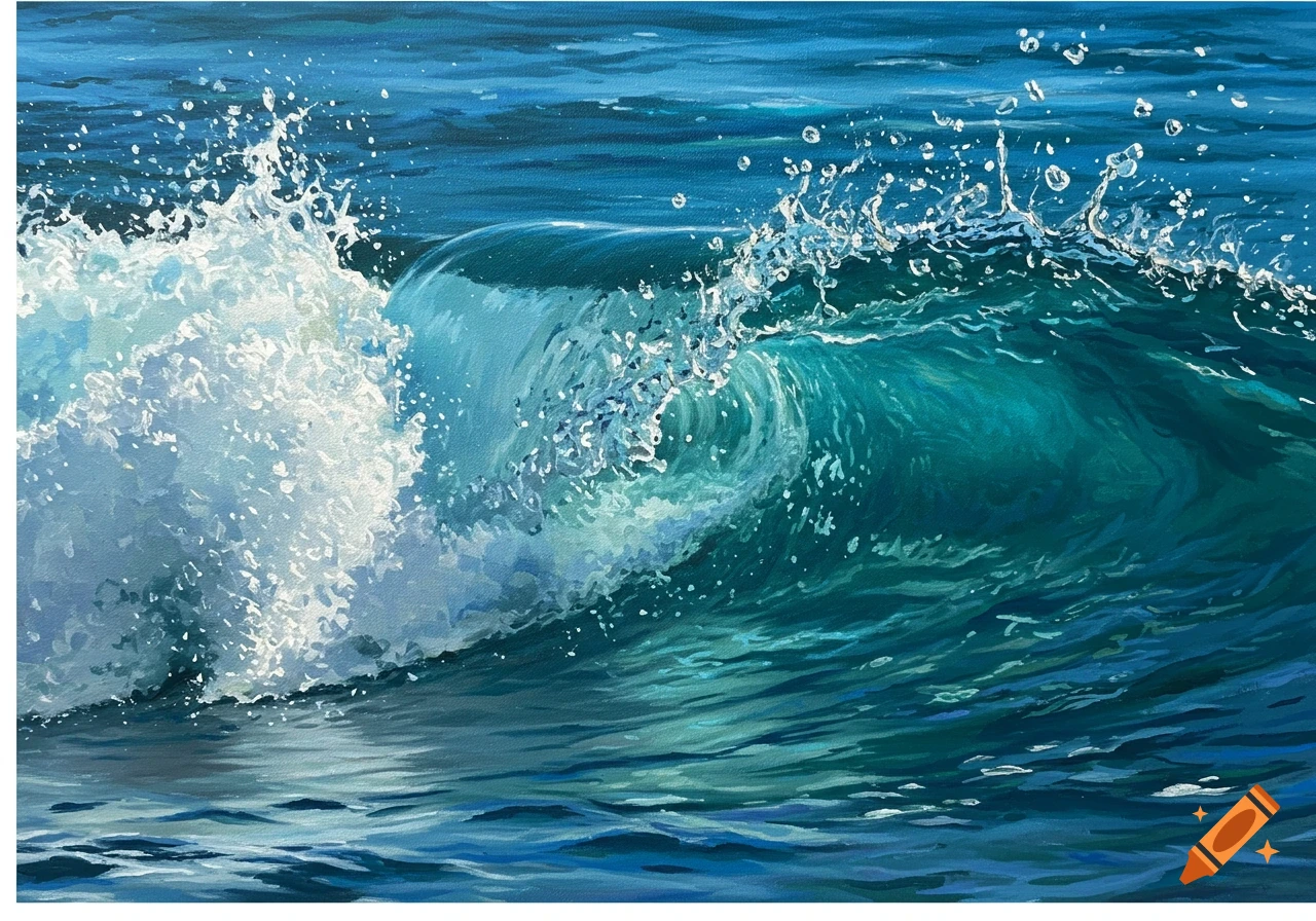 Painting of a large breaking ocean wave with splashing water droplets