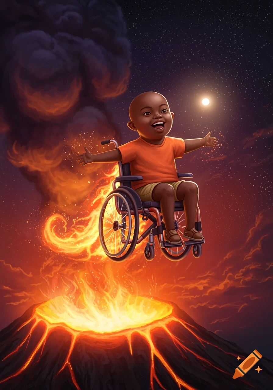 A bald Black child in a wheelchair floats above an erupting volcano under a starry sky.