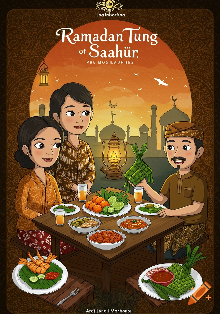 An illustration shows a family around a table with food and drinks, with mosques in the background at sunset. Text at the top reads "Ramadan Tung of Saahür."