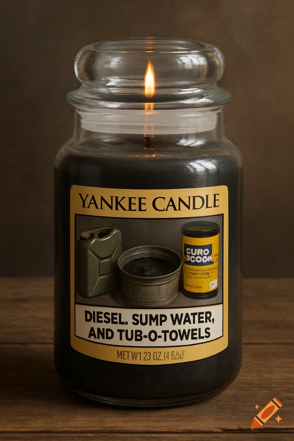 Lit Yankee Candle with 'Diesel, Sump Water, and Tub-O-Towels' label