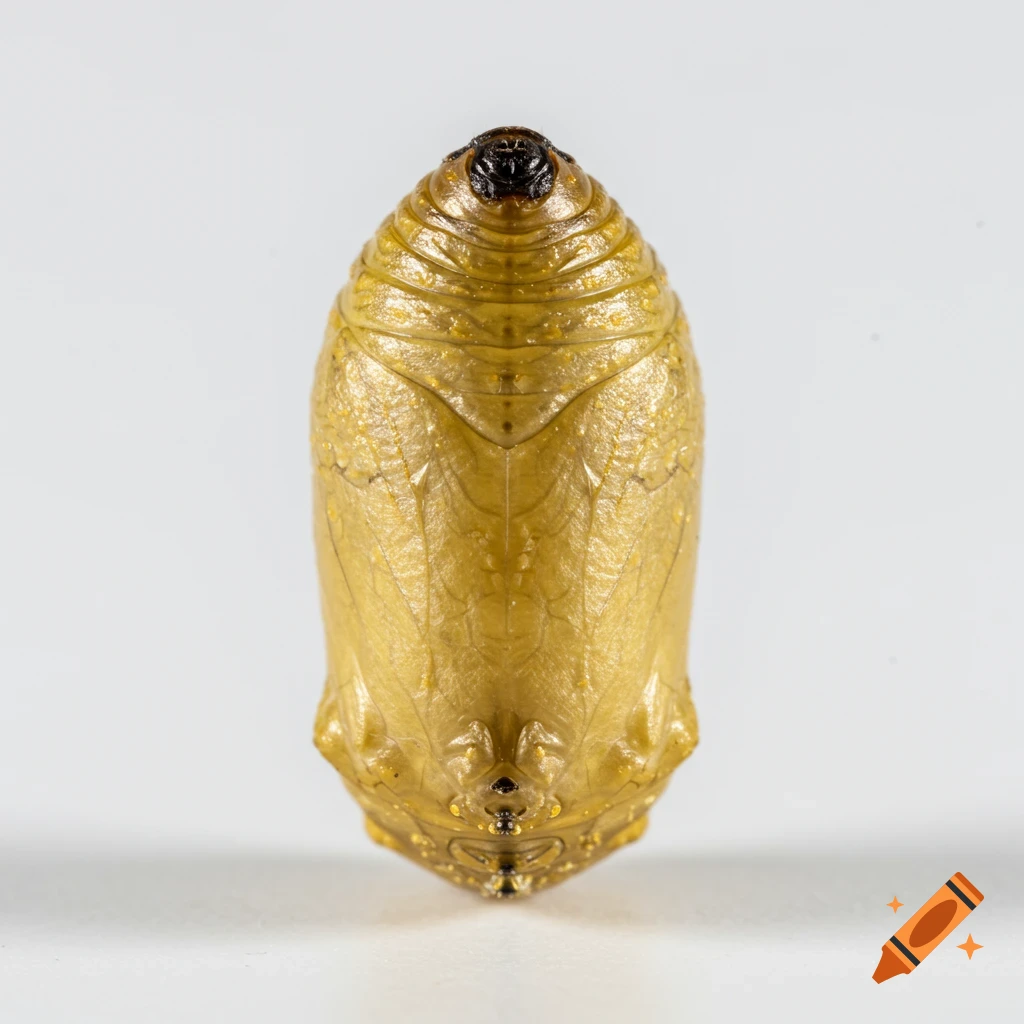 Close-up photo of a butterfly pupa on a white background.