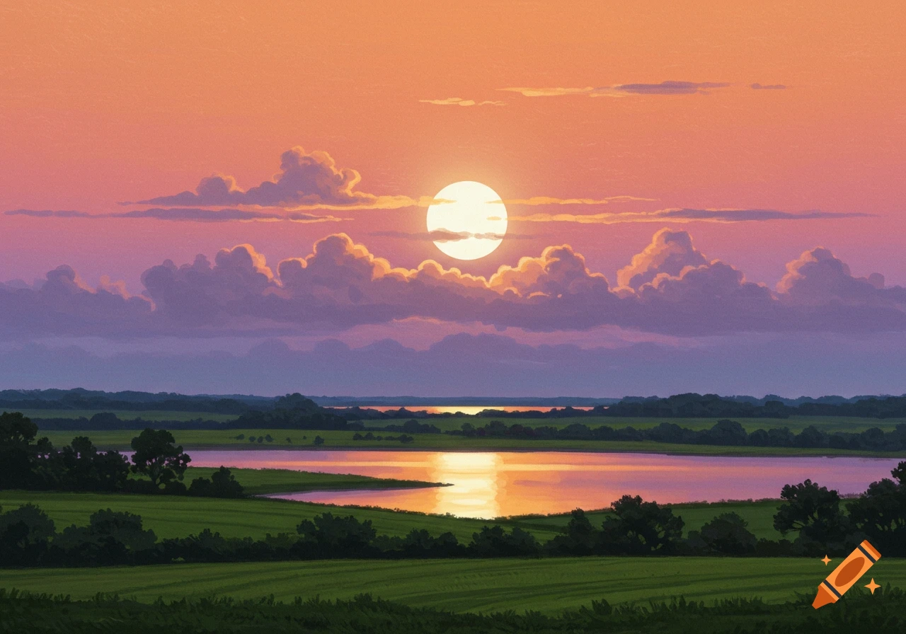 Anime style landscape of a lake at sunset with a large bright sun, clouds, and green fields.