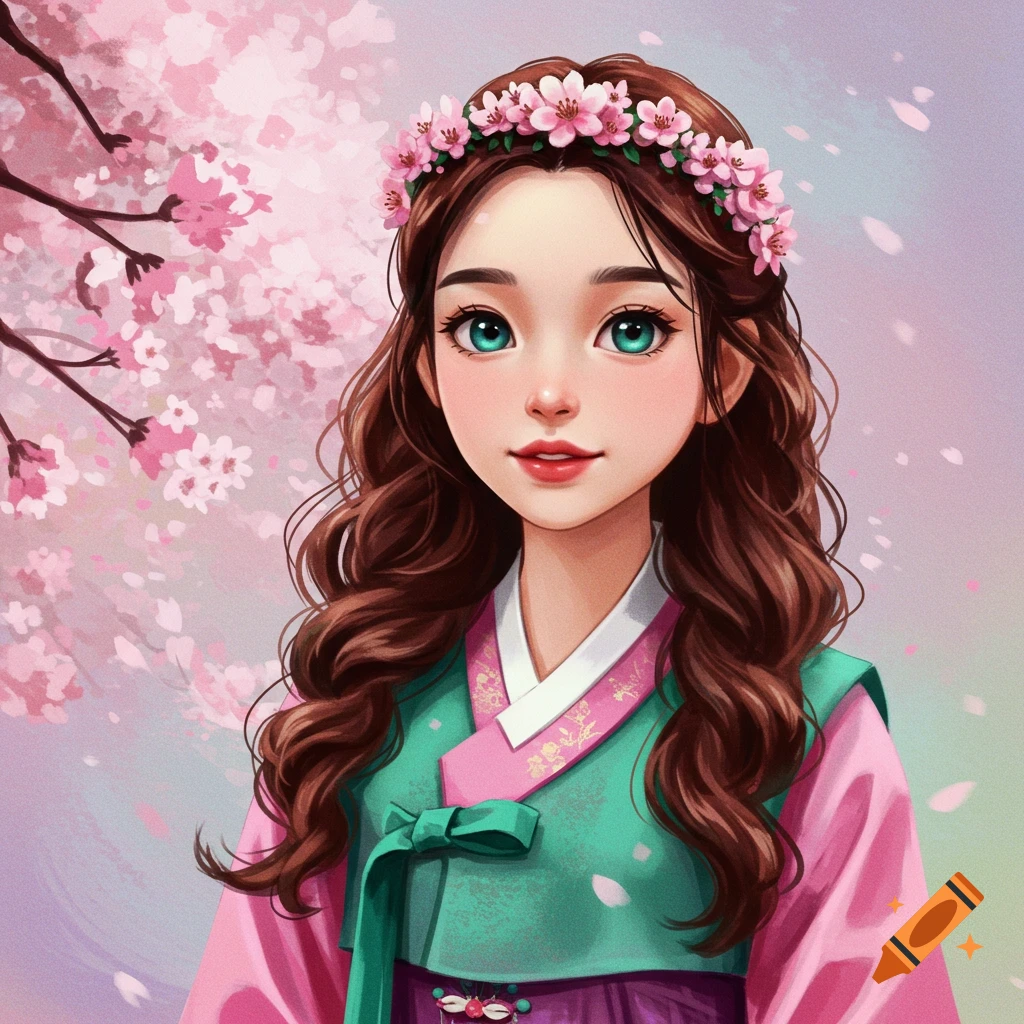 A stylized portrait of a girl in Korean traditional clothing and a flower crown, with cherry blossoms.