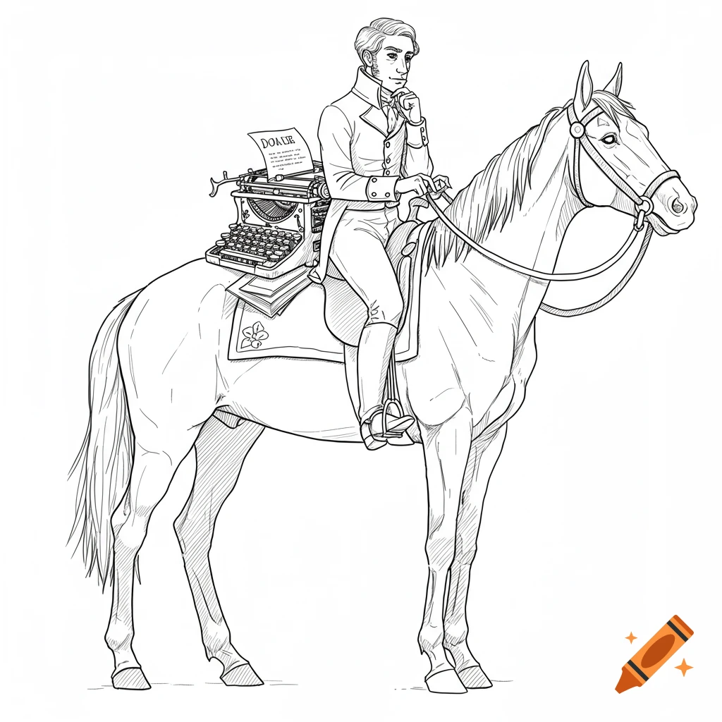 Line drawing of a man riding a horse with a typewriter on the saddle.