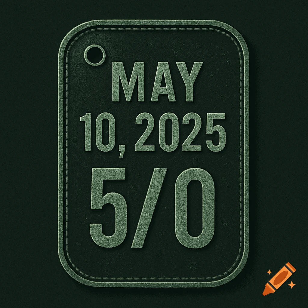 Green dog tag patch with text 'MAY 10, 2025' and '5/0'.