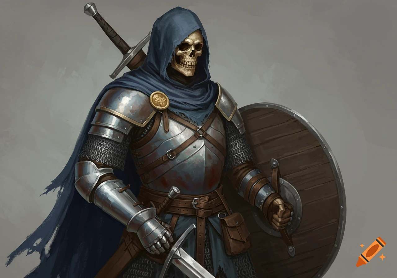 A skeletal warrior in chainmail and plate armor with a blue hooded cloak holds a sword and shield.