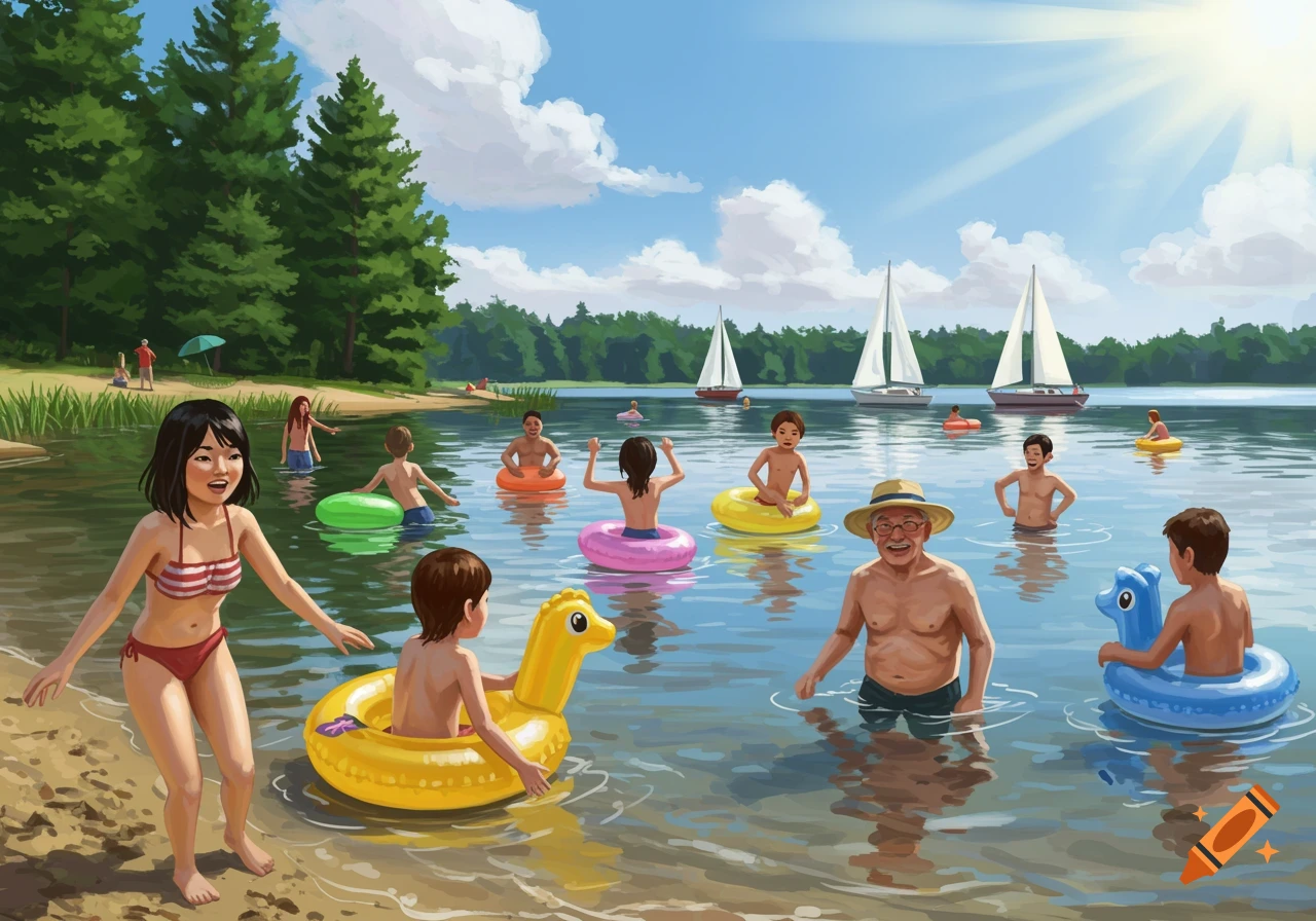 People swimming and relaxing in a lake with sailboats under a sunny sky, illustration