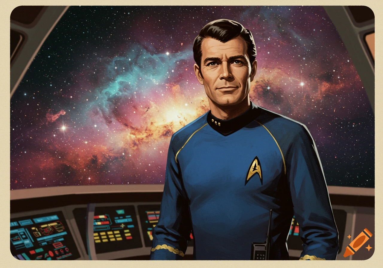 Illustration of a man in a retro Starfleet uniform standing on a spaceship bridge, looking out at a colorful nebula.