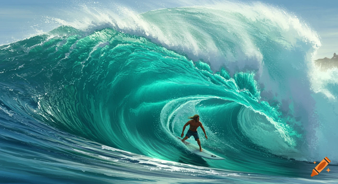 A surfer rides inside the barrel of a massive teal wave.