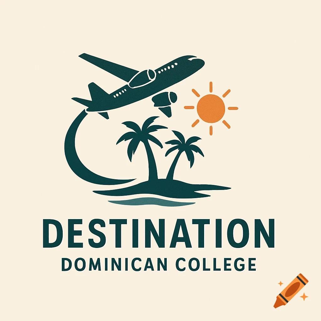 Travel logo with airplane flying over palm trees and sun, text reads 'Destination Dominican College'.