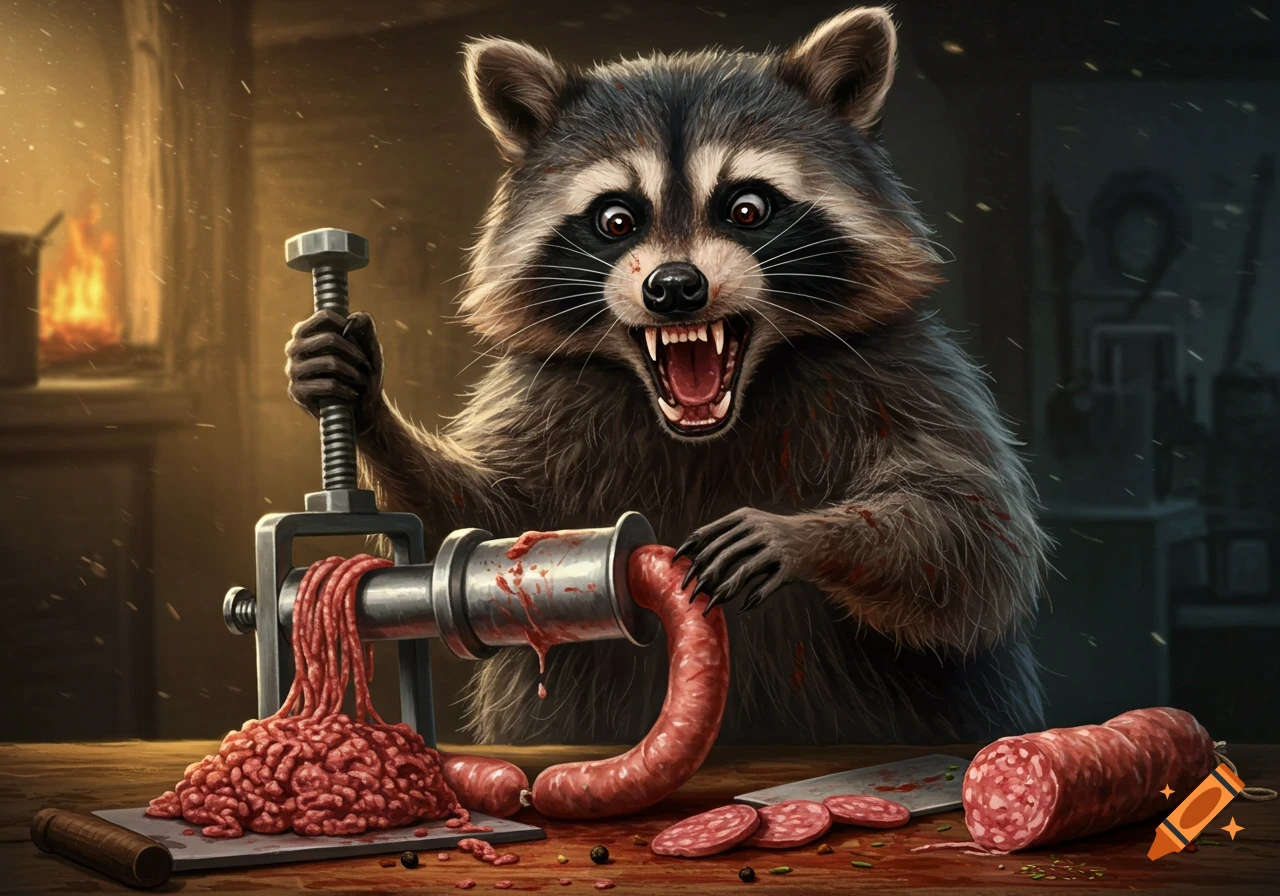 A fierce-looking raccoon operates a meat grinder, processing raw meat into salami, covered in blood.