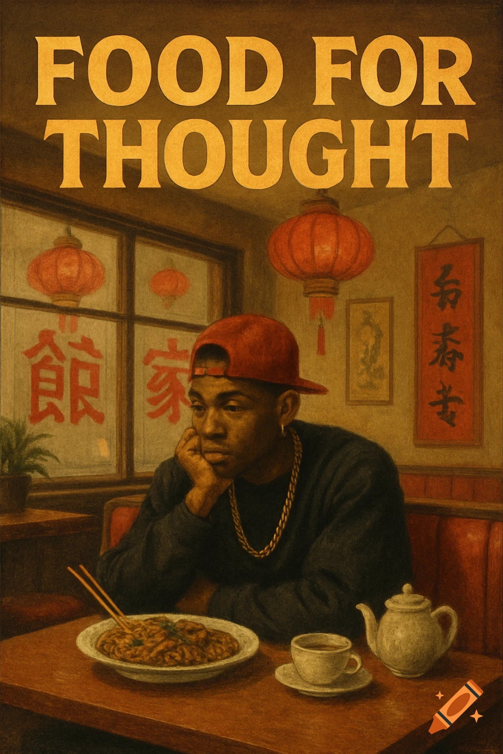 Person in a red cap and gold chain sits thoughtfully at a restaurant table with food and teapot under text reading "FOOD FOR THOUGHT". Illustrated style.